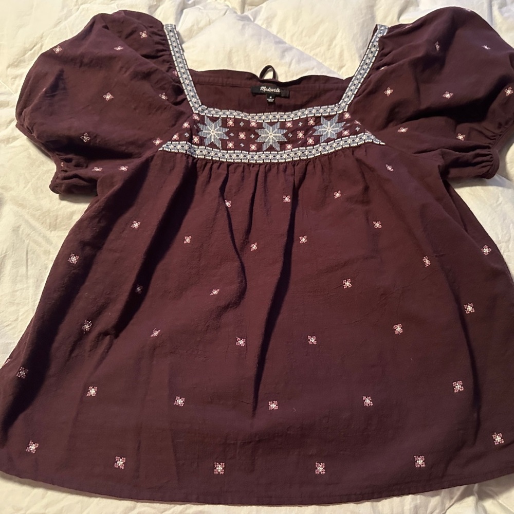 Madewell Brown Boho Embroidered Top w/ Puffy sleeves M